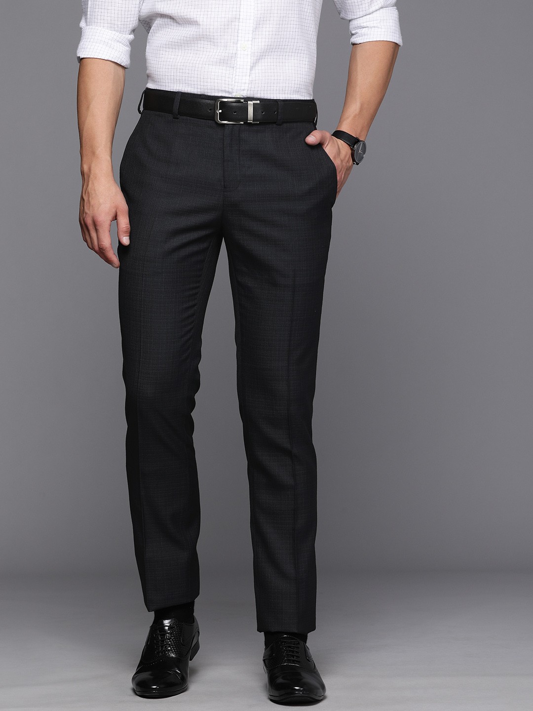 

Raymond Men Blue Textured Slim Fit Mid Rise Formal Trousers