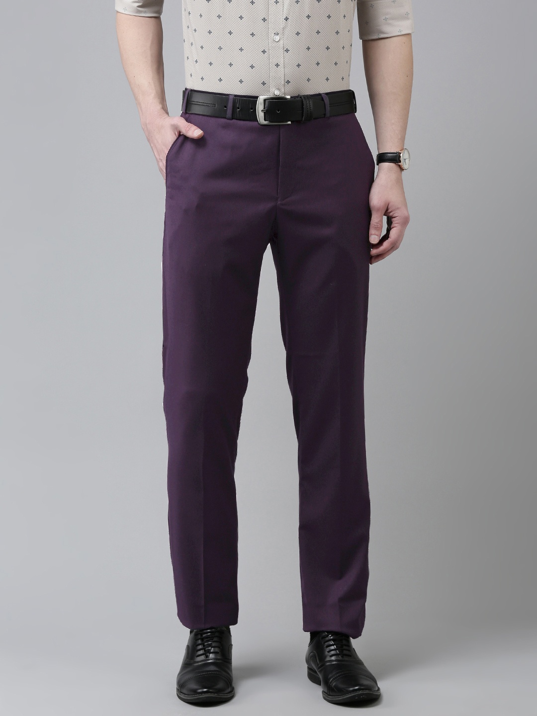 

Park Avenue Men Violet Solid Mid-Rise Formal Trousers