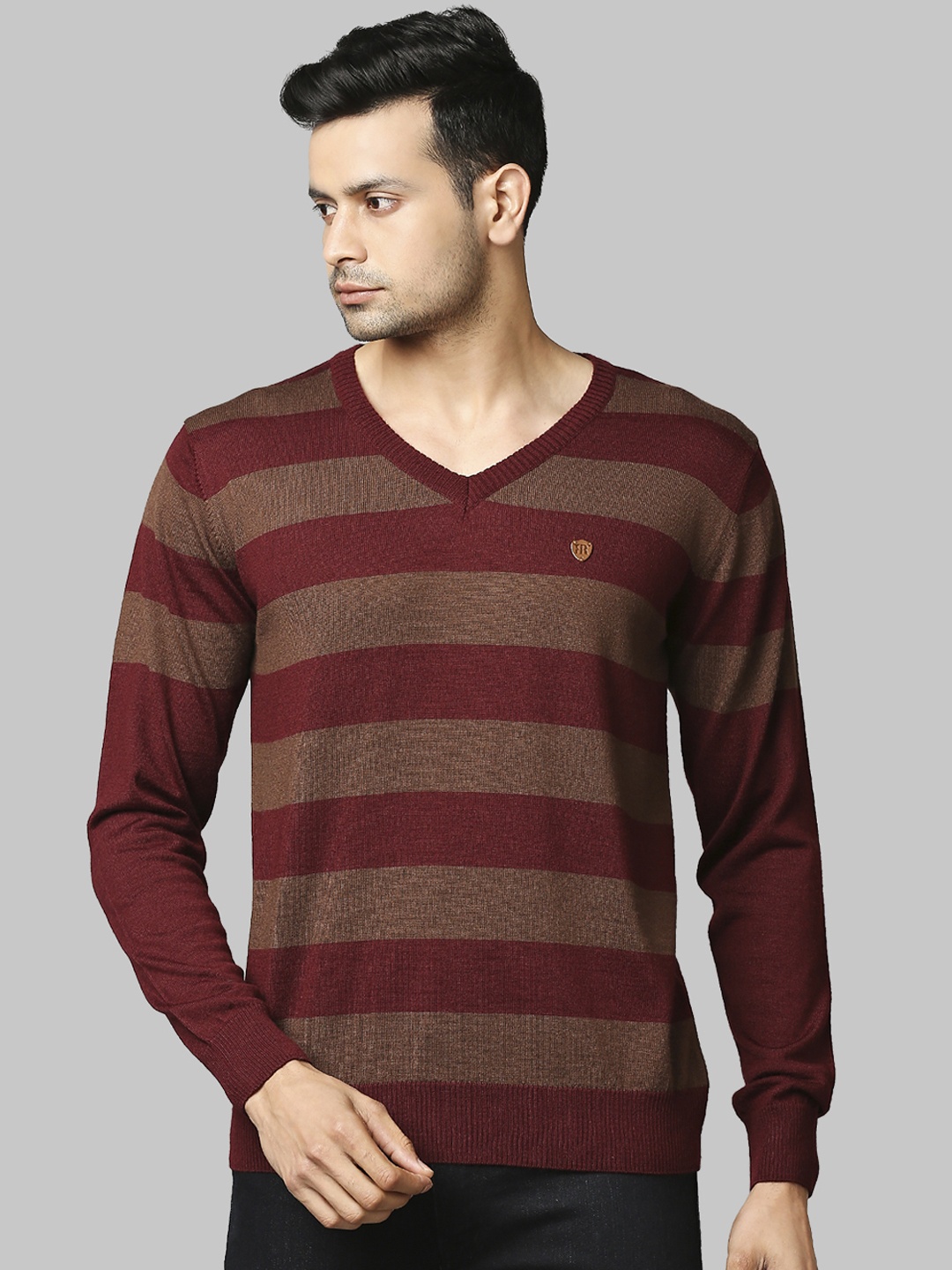 

Raymond Men Maroon & Beige Striped Pullover