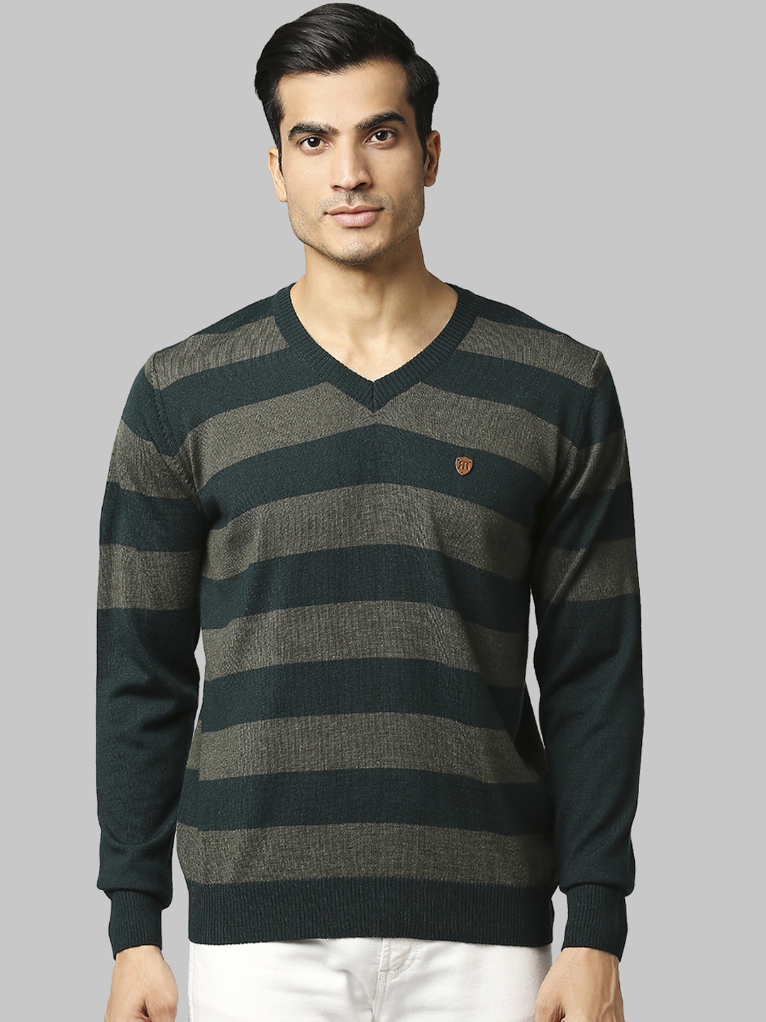 

Raymond Men Green & Grey Striped V-Neck Pullover