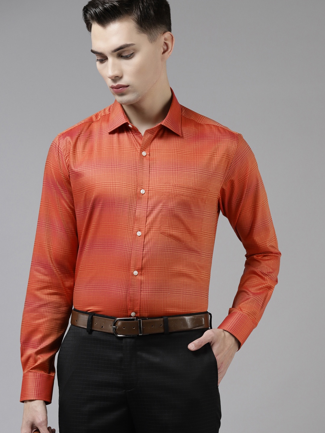 

Park Avenue Men Orange Pure Cotton Slim Fit Checked Formal Shirt