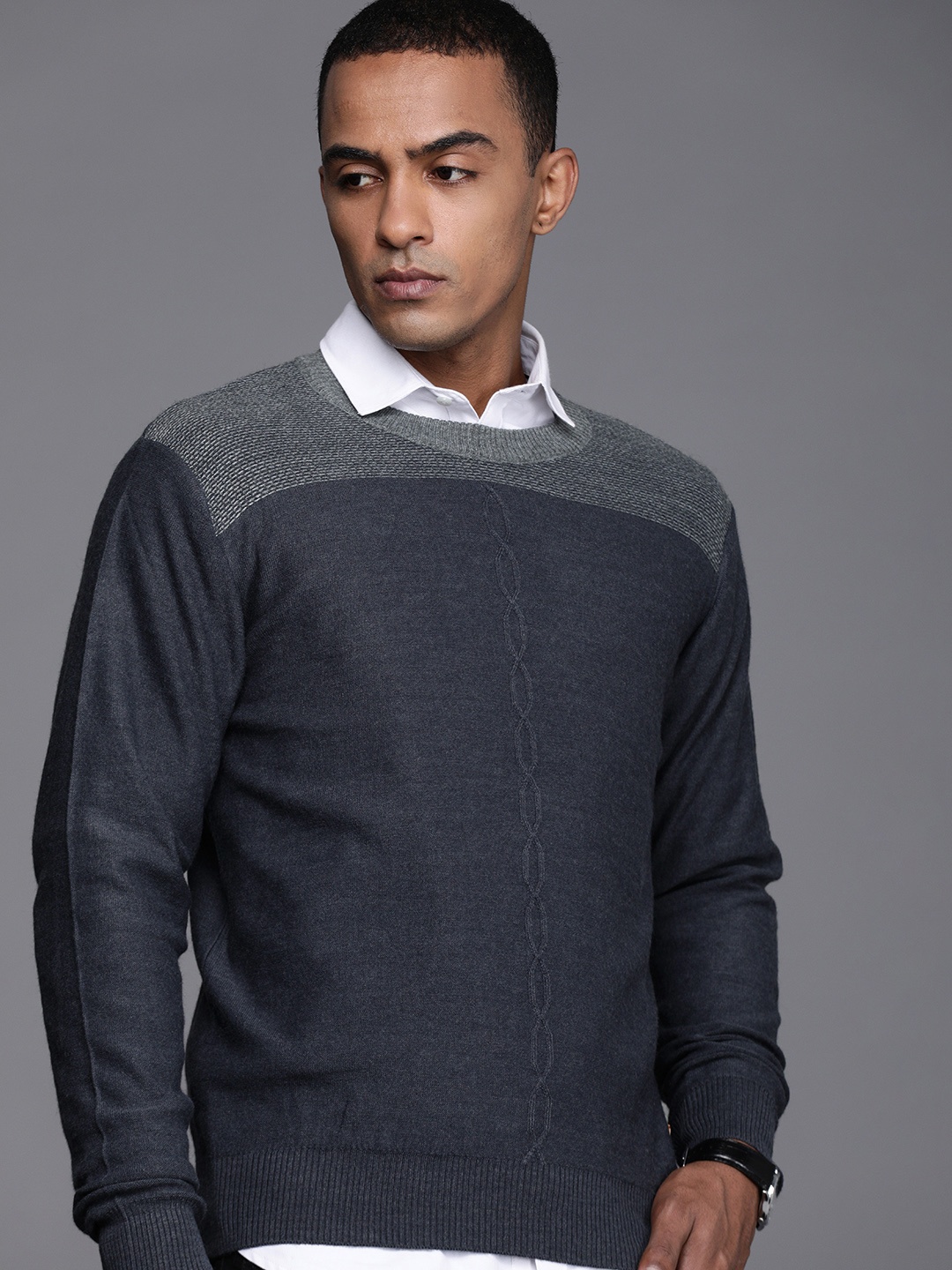 

Raymond Men Navy Blue Cable Knit Pullover Sweater