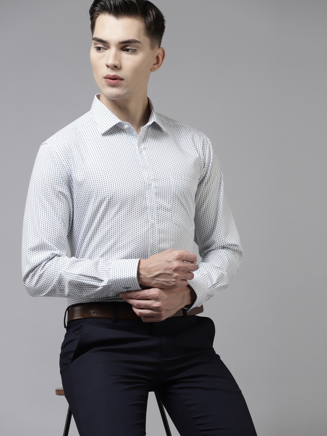 

Park Avenue Men White & Blue Pure Cotton Printed Slim Fit Formal Shirt