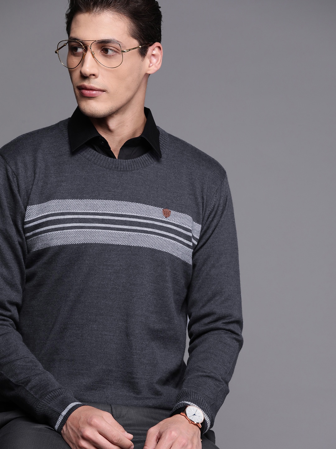 

Raymond Men Navy Blue Striped Pullover