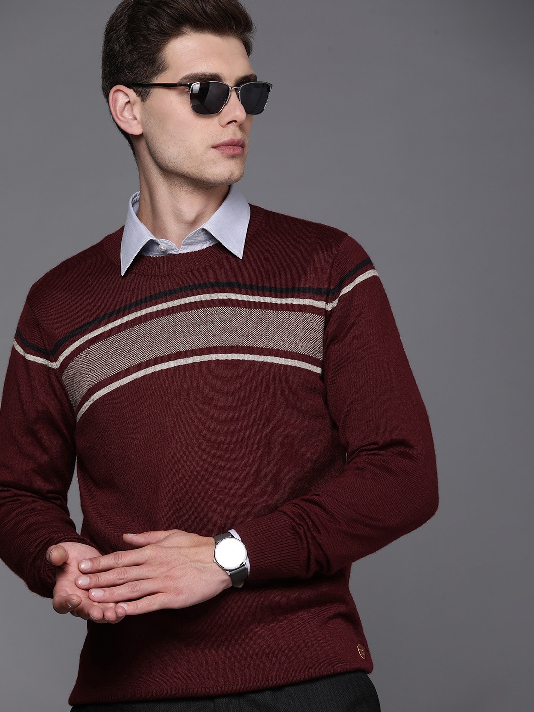 

Raymond Men Maroon & White Striped Pullover Sweater