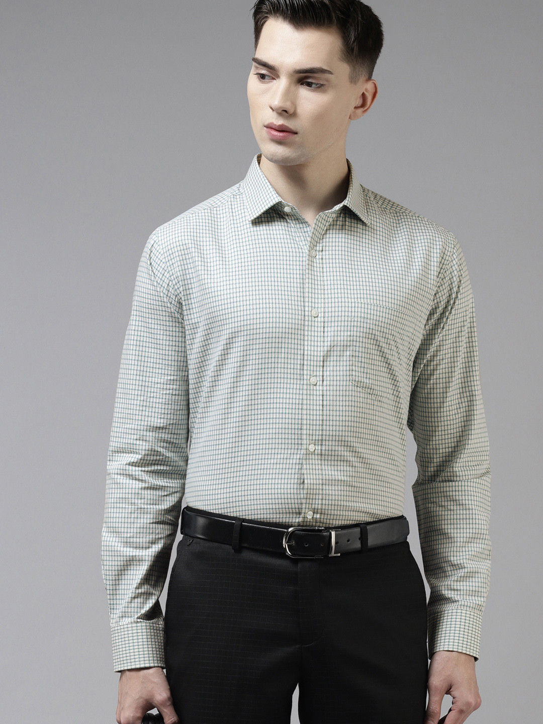 

Park Avenue Men Sea Green Pure Cotton Slim Fit Grid Tattersall Checks Checked Formal Shirt
