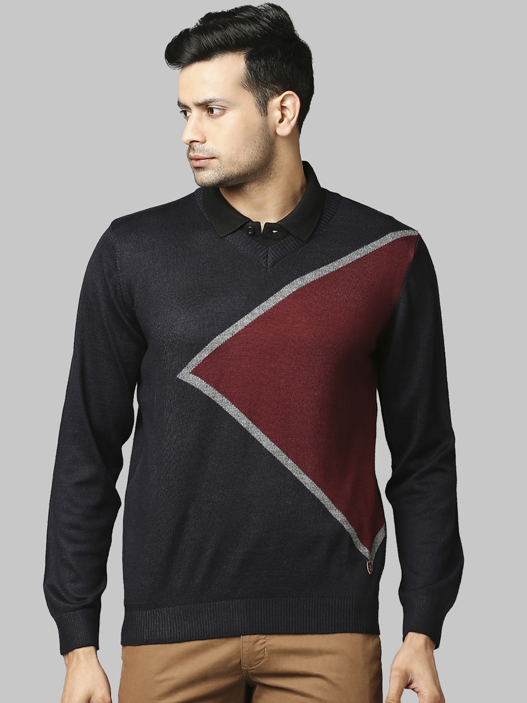 

Raymond Men Blue & Red Colourblocked Pullover