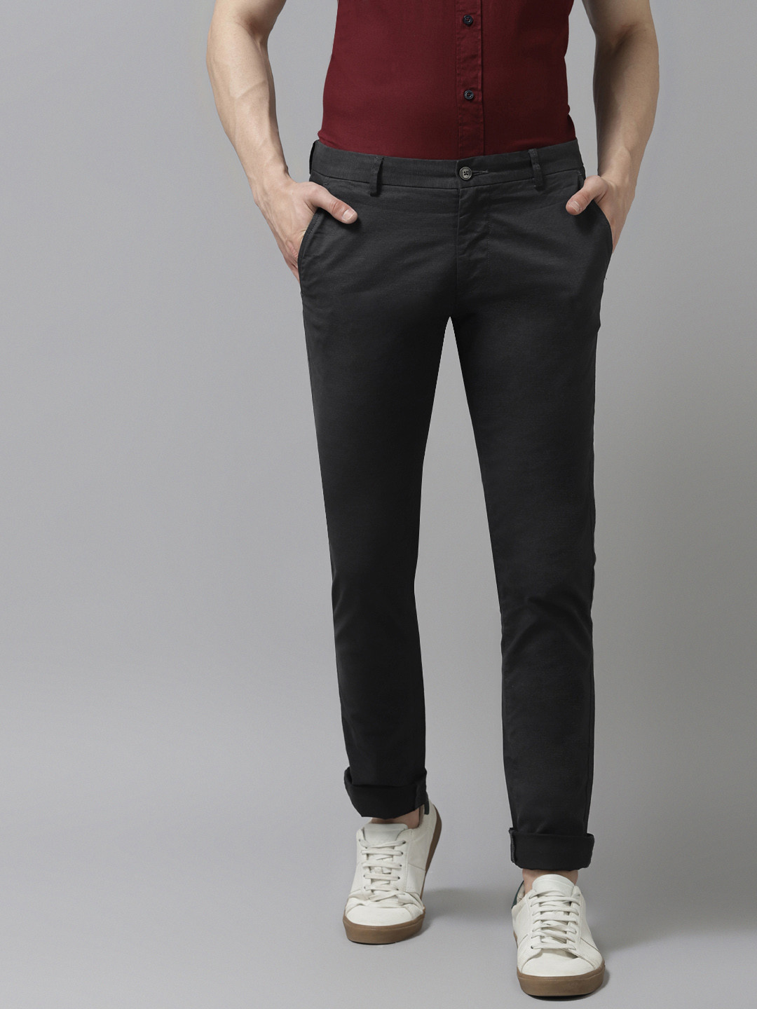 

Arrow Men Charcoal Grey Self Design Slim Fit Trousers