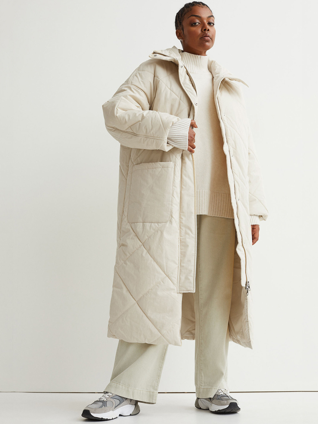 

H&M Women Beige Solid Quilted Coat