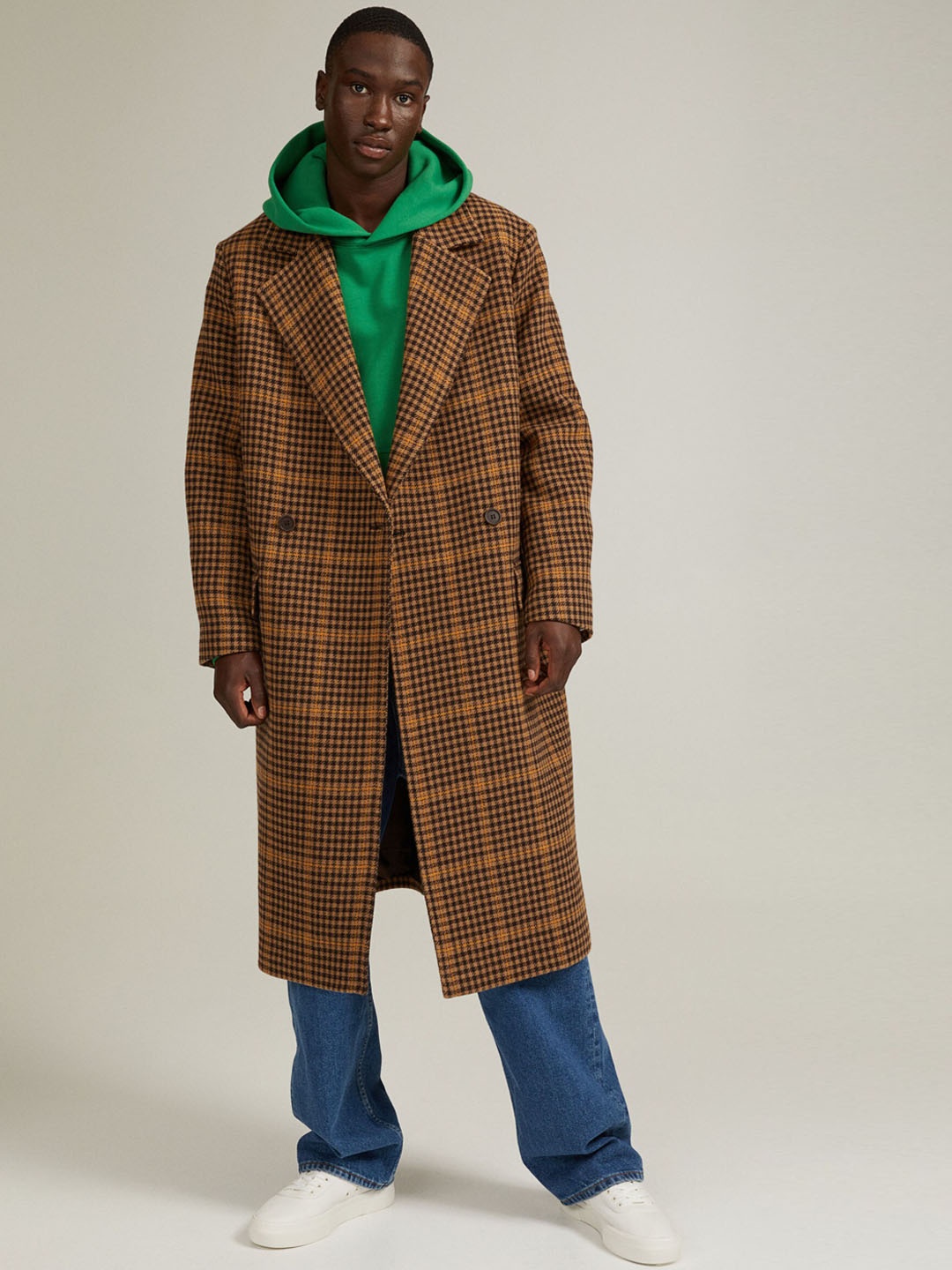 

H&M Men Beige & Brown Double-breasted wool-mix coat