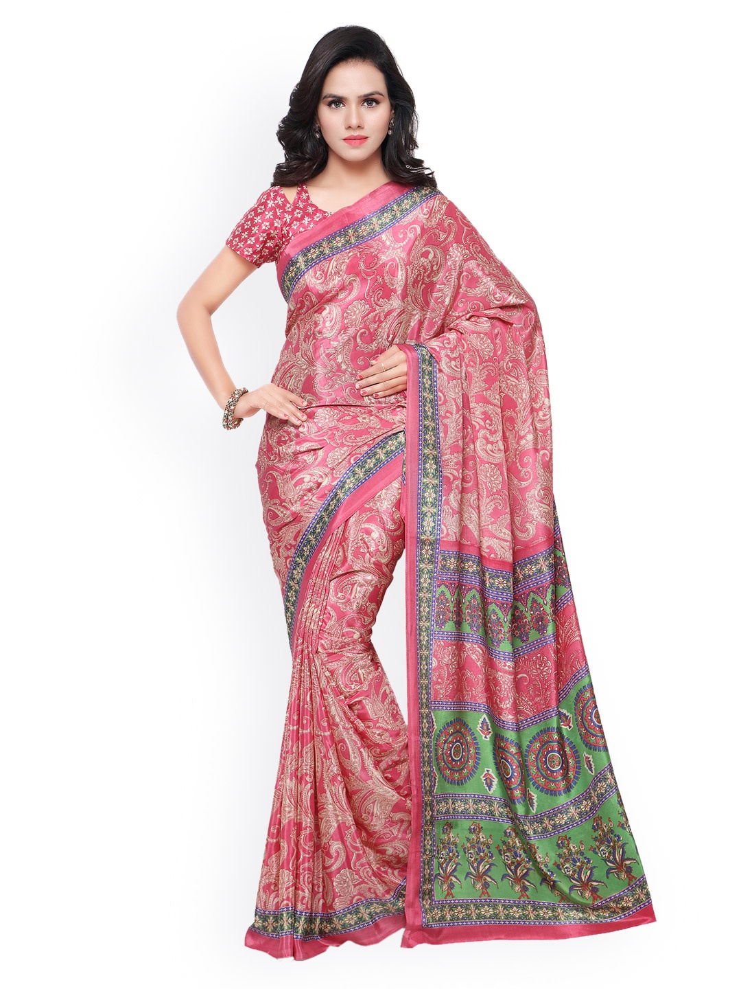 

Triveni Pink Crepe Printed Saree