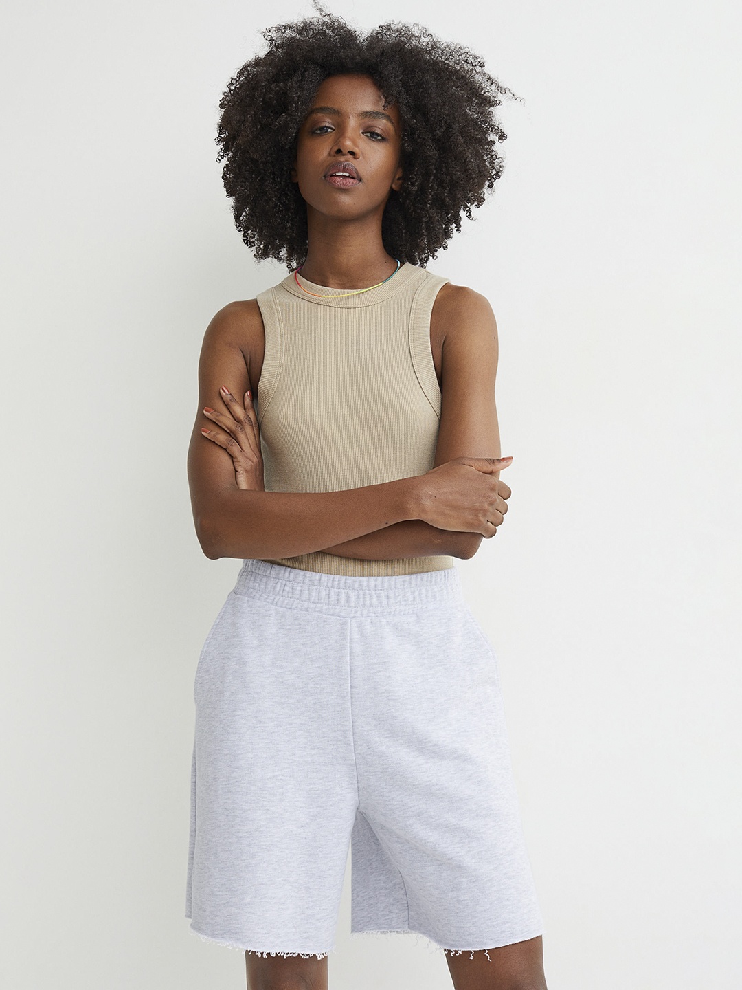 

H&M Women Grey Melange Solid Sweatshirt Shorts