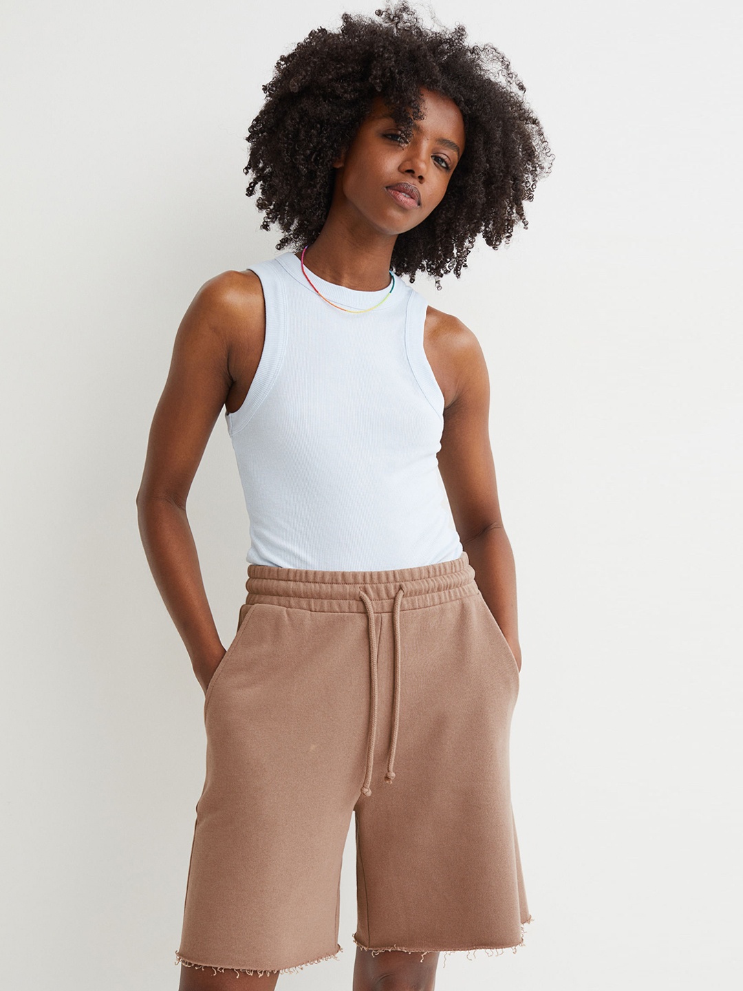 

H&M Women Beige Solid Sweatshirt Shorts