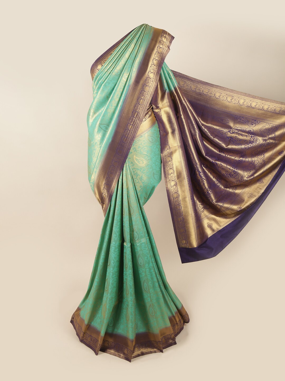 

Pothys Green & Gold-Toned Woven Design Zari Art Silk Banarasi Saree