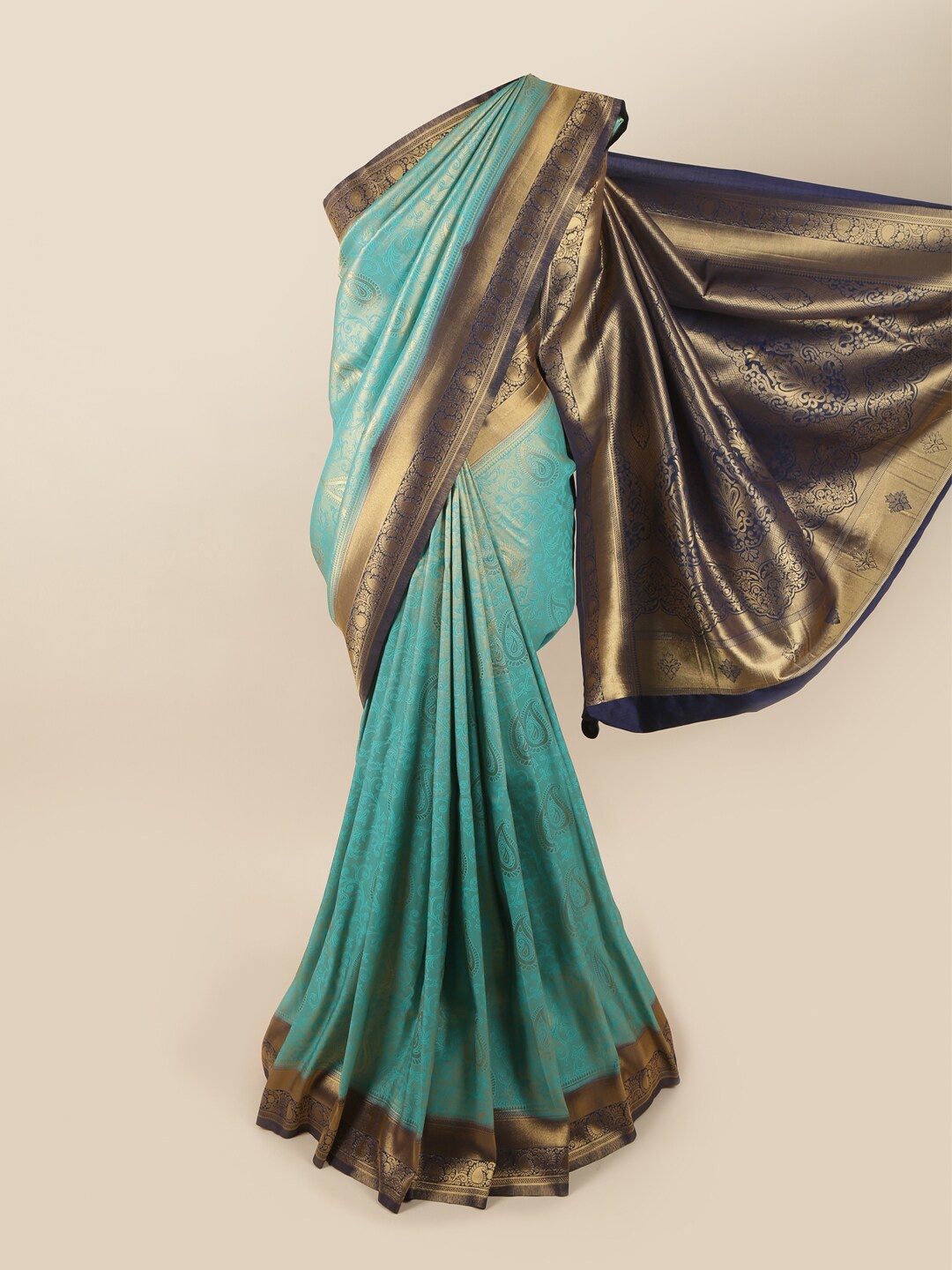 

Pothys Blue & Gold-Toned Ethnic Motifs Zari Art Silk Banarasi Saree