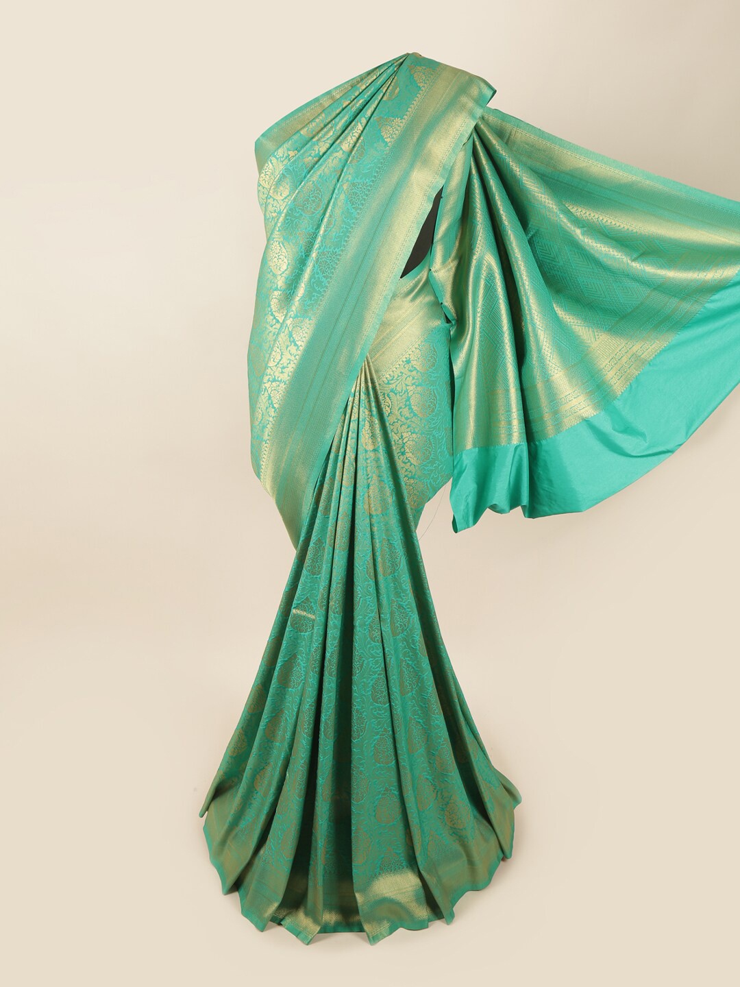 

Pothys Green & Gold-Toned Woven Design Zari Art Silk Banarasi Saree