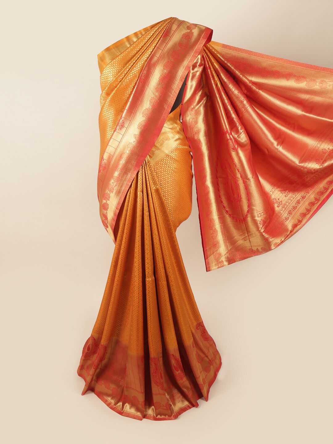 

Pothys Orange & Red Ethnic Motifs Zari Banarasi Art Silk Saree