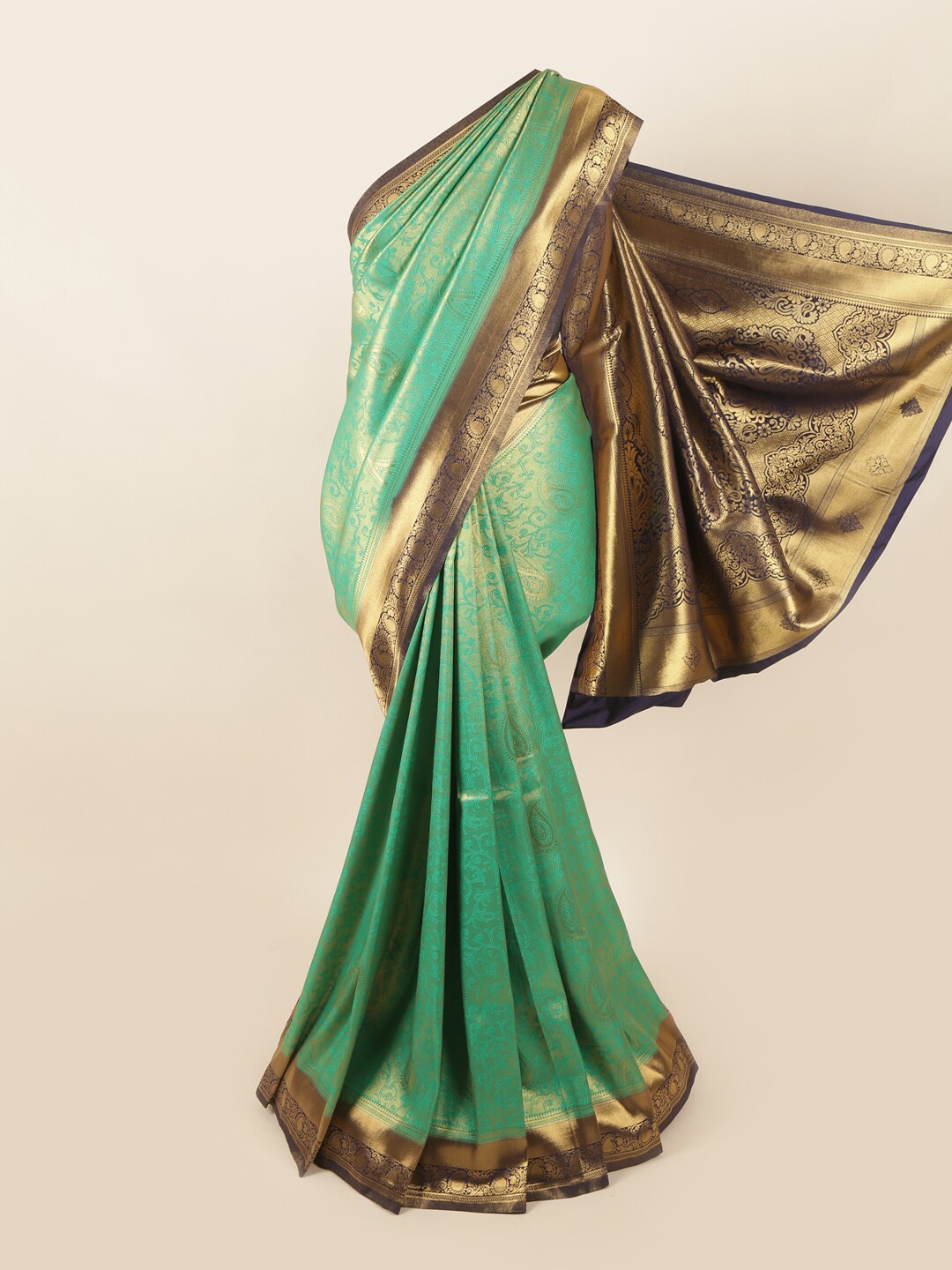 

Pothys Green & Gold-Toned Woven Design Zari Art Silk Banarasi Saree