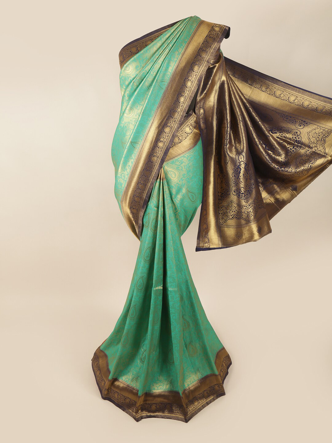 

Pothys Green & Navy Blue Ethnic Motifs Zari Banarasi Art Silk Saree