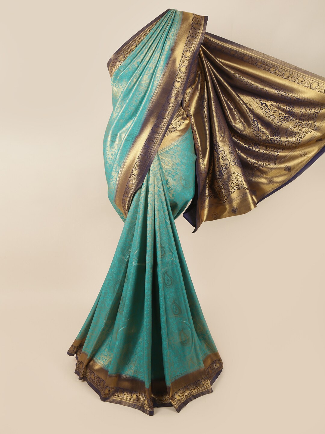 

Pothys Blue & Gold-Toned Woven Design Zari Art Silk Banarasi Saree