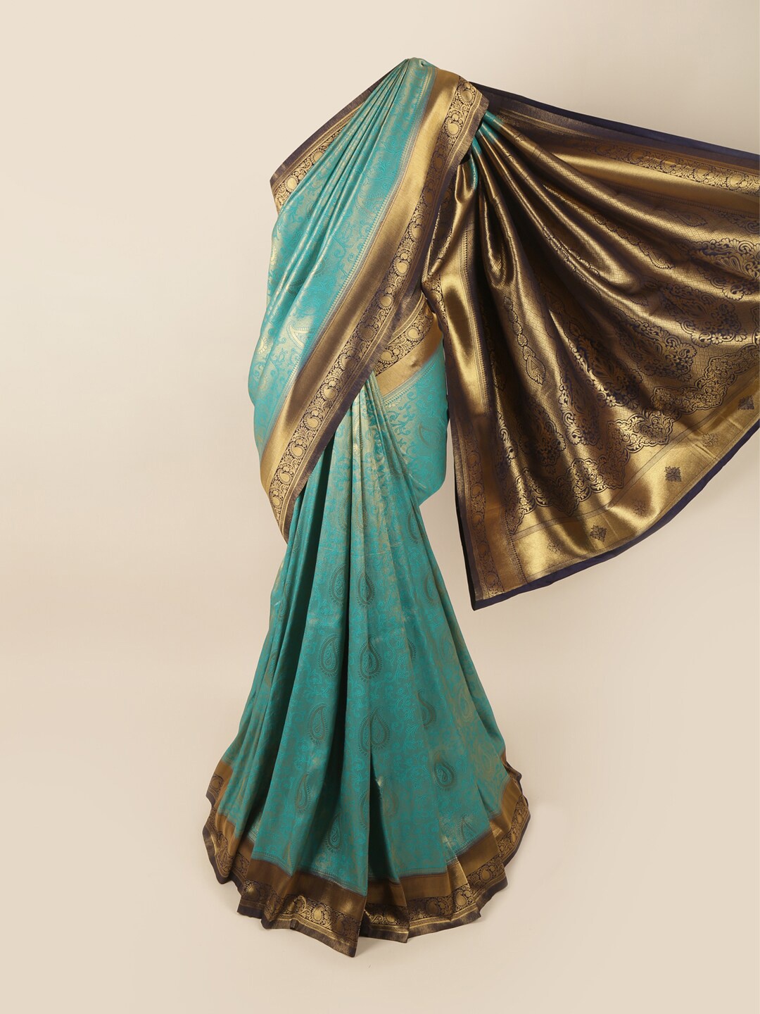 

Pothys Blue & Gold-Toned Ethnic Motifs Art Silk Banarasi Saree