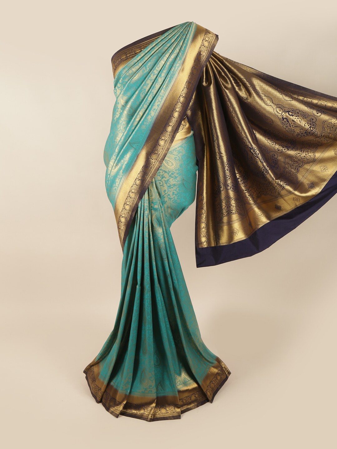 

Pothys Blue & Gold-Toned Woven Design Zari Art Silk Banarasi Saree