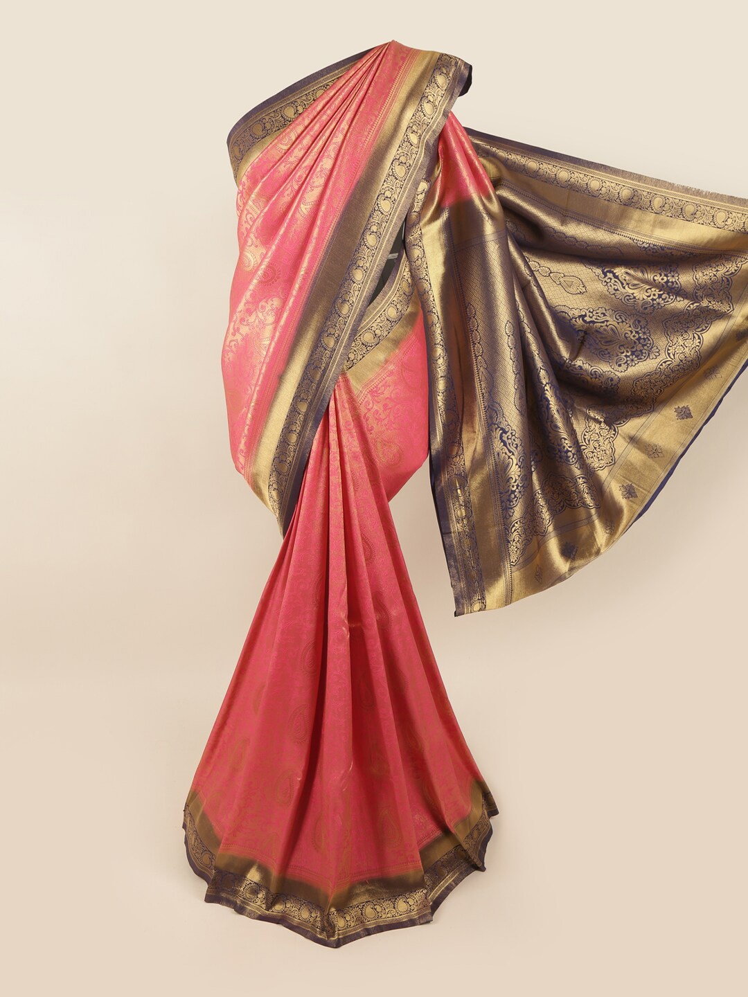 

Pothys Pink & Brown Ethnic Motifs Zari Art Silk Banarasi Saree