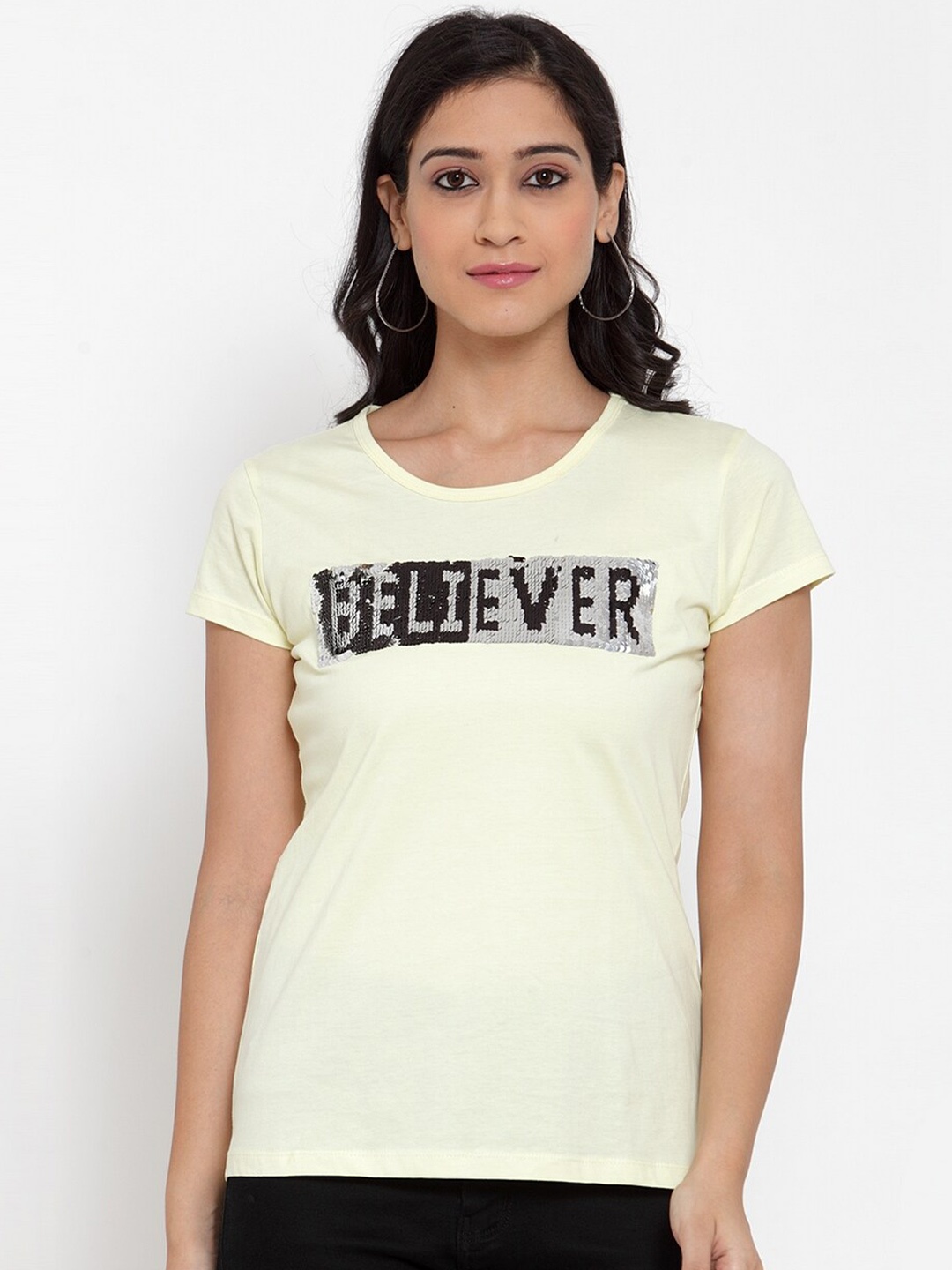 

Crozo By Cantabil Women Cream-Coloured Typography Printed Slim Fit T-shirt