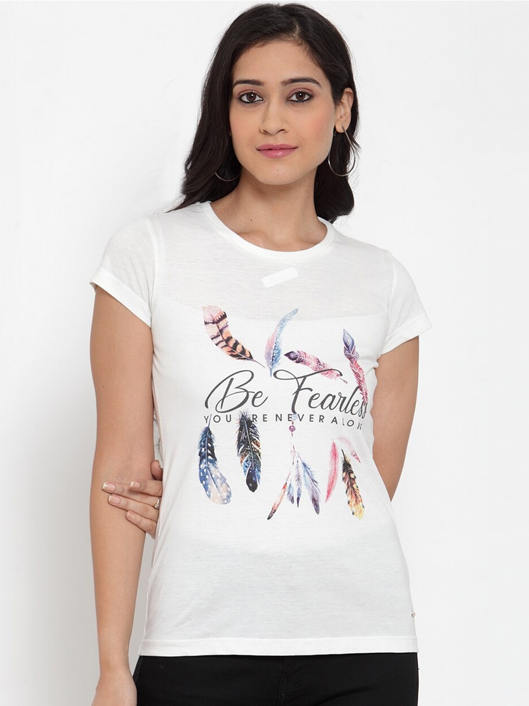 

Crozo By Cantabil Women Off White Printed Slim Fit T-shirt