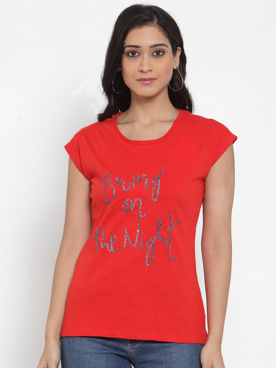 

Crozo By Cantabil Women Red Typography Printed Slim Fit T-shirt