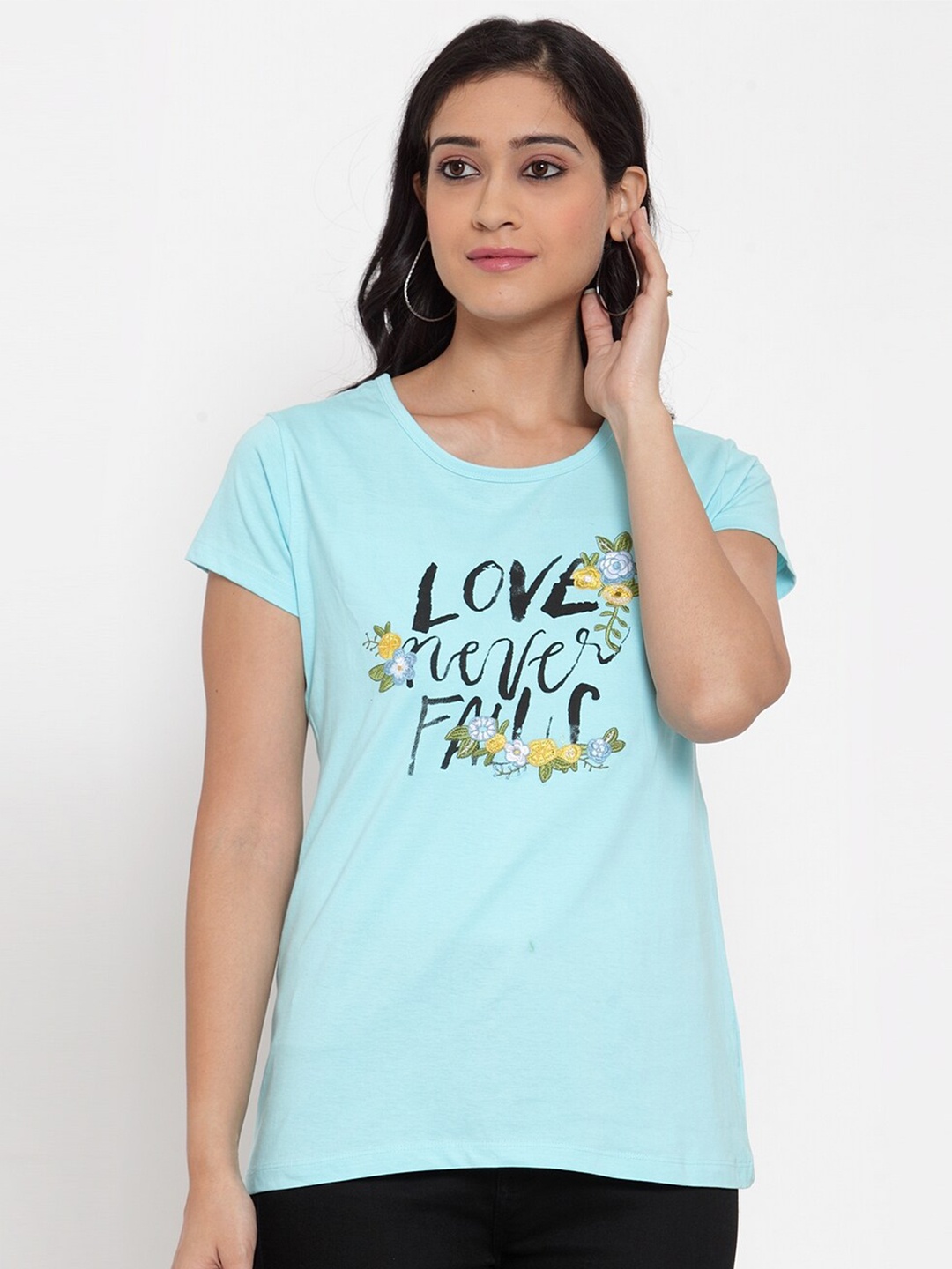 

Crozo By Cantabil Women Sea Green Varsity Printed Slim Fit T-shirt