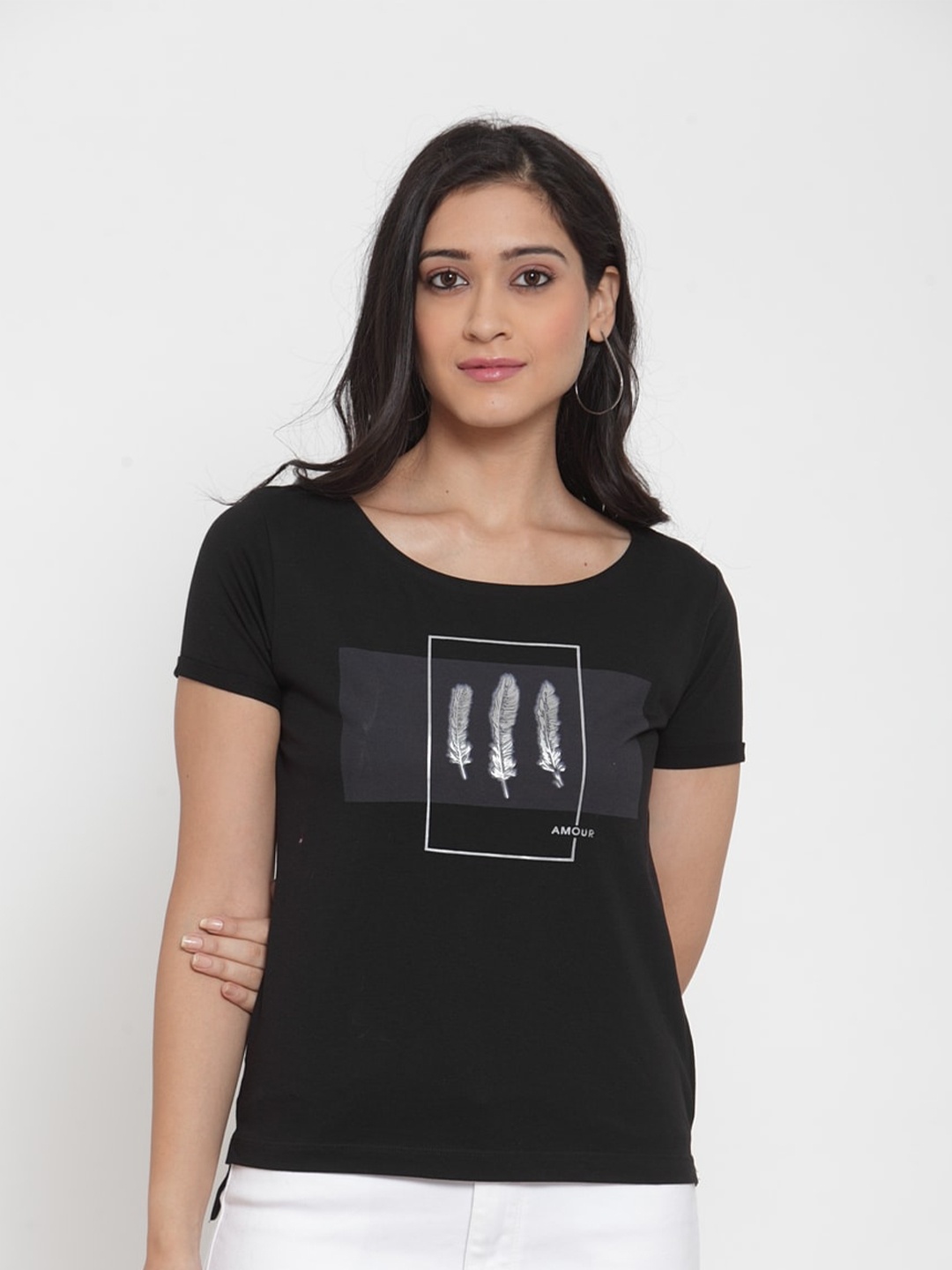 

Crozo By Cantabil Women Black Printed Slim Fit T-shirt