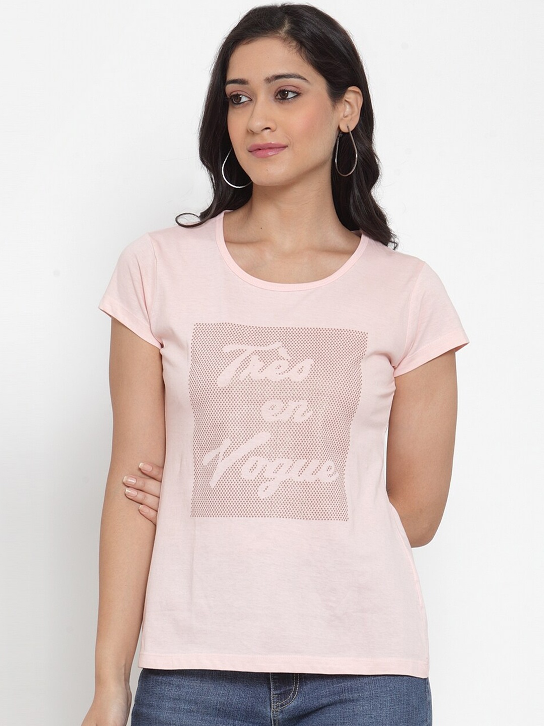 

Crozo By Cantabil Women Pink Typography Printed Slim Fit T-shirt