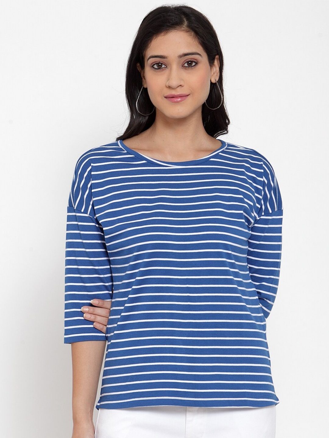 

Crozo By Cantabil Women Navy Blue Striped Extended Sleeves T-shirt