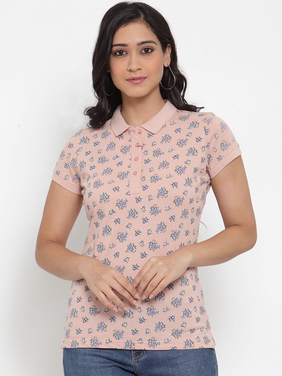 

Crozo By Cantabil Women Pink Floral Printed Polo Collar Slim Fit T-shirt