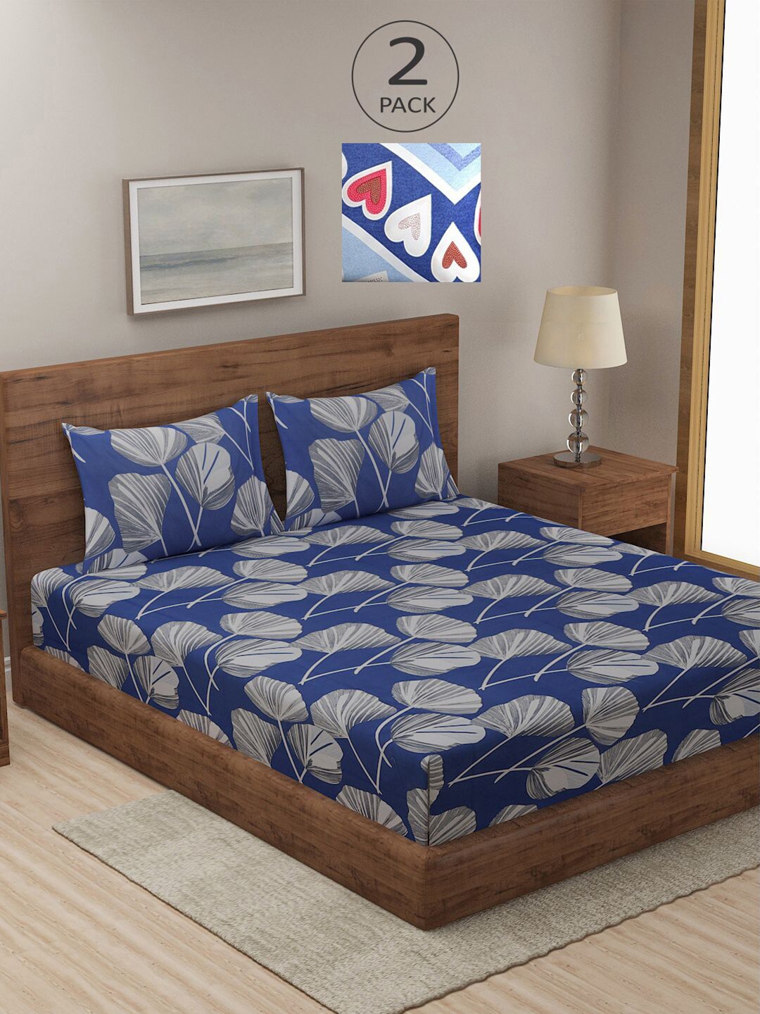 

KLOTTHE Blue & Grey Floral 210 TC 2 King Bedsheet with 4 Pillow Covers