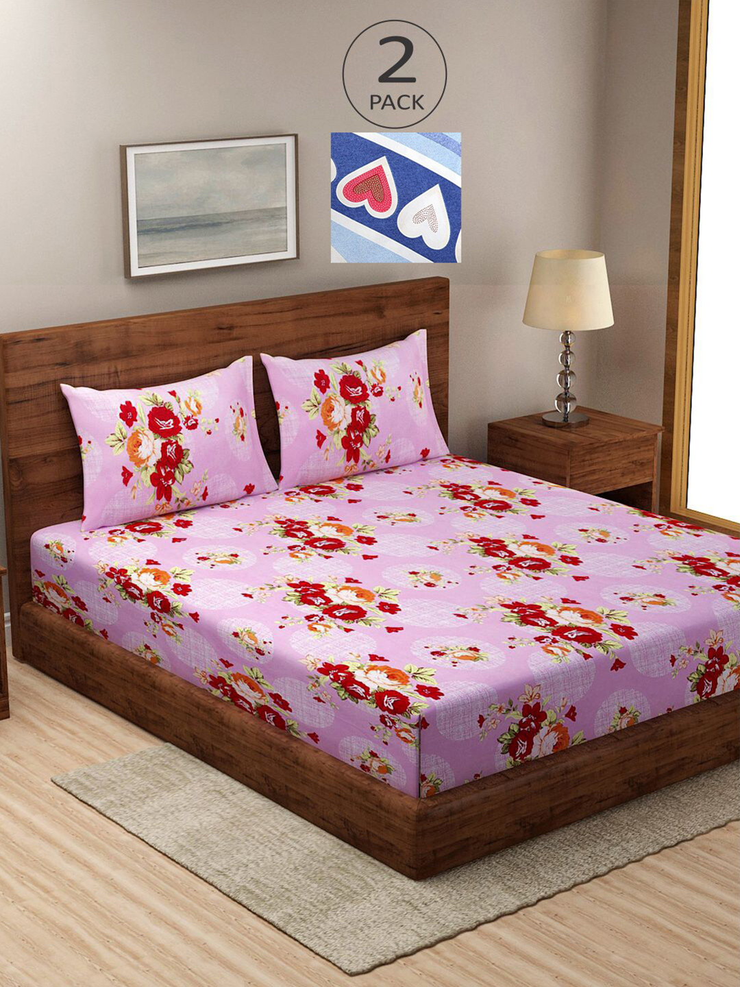 

KLOTTHE Rose & Blue Floral 210 TC 2 King Bedsheet with 4 Pillow Covers