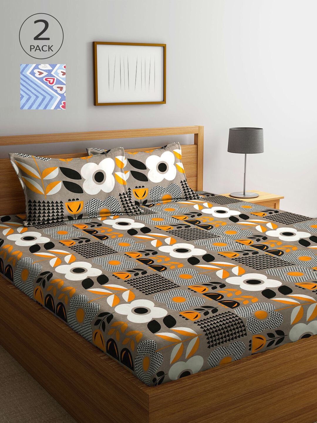 

KLOTTHE Blue & Grey Floral 210 TC 2 King Bedsheet with 4 Pillow Covers