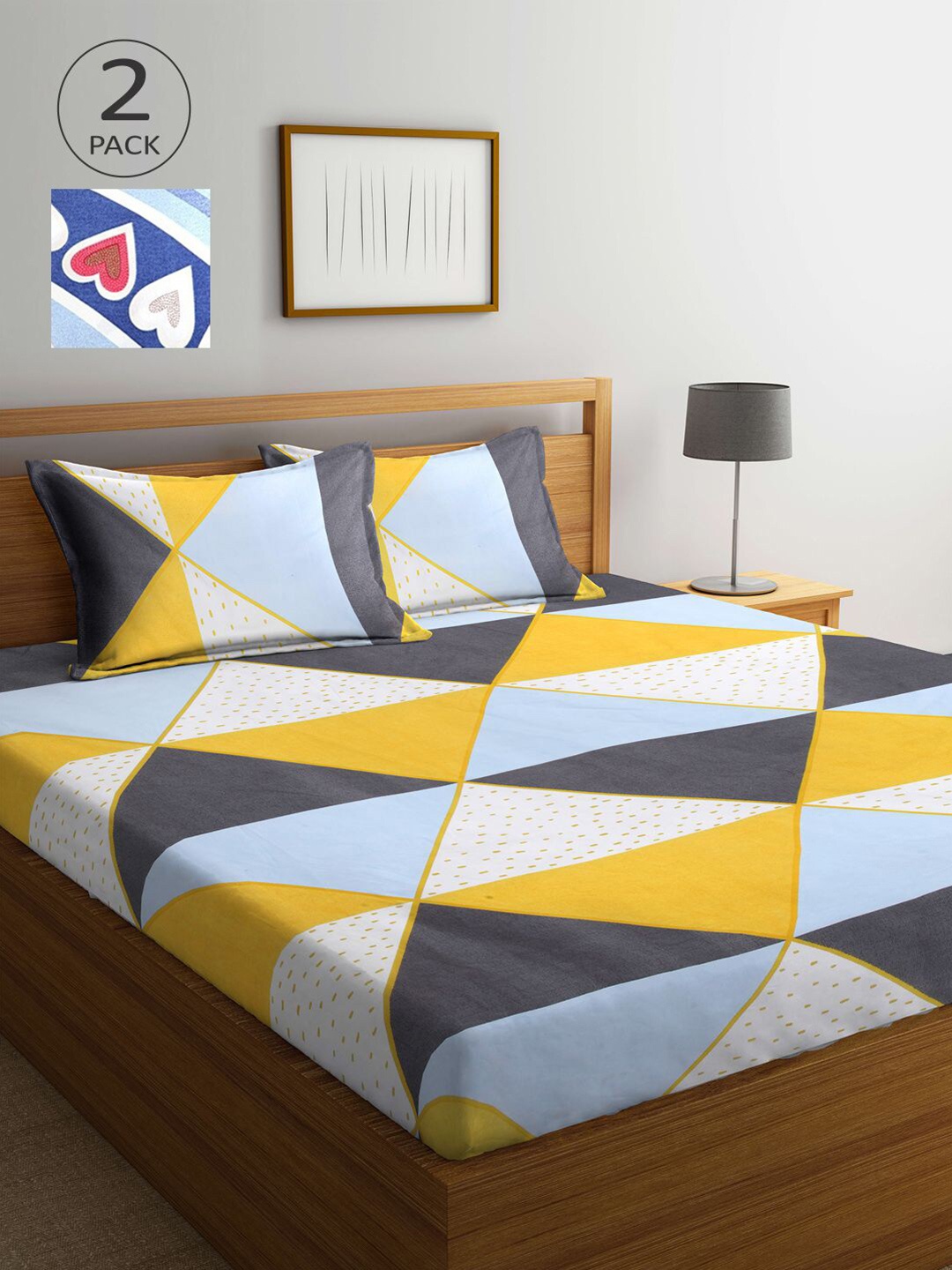 

KLOTTHE Blue & Grey Geometric 210 TC 2 King Bedsheet with 4 Pillow Covers