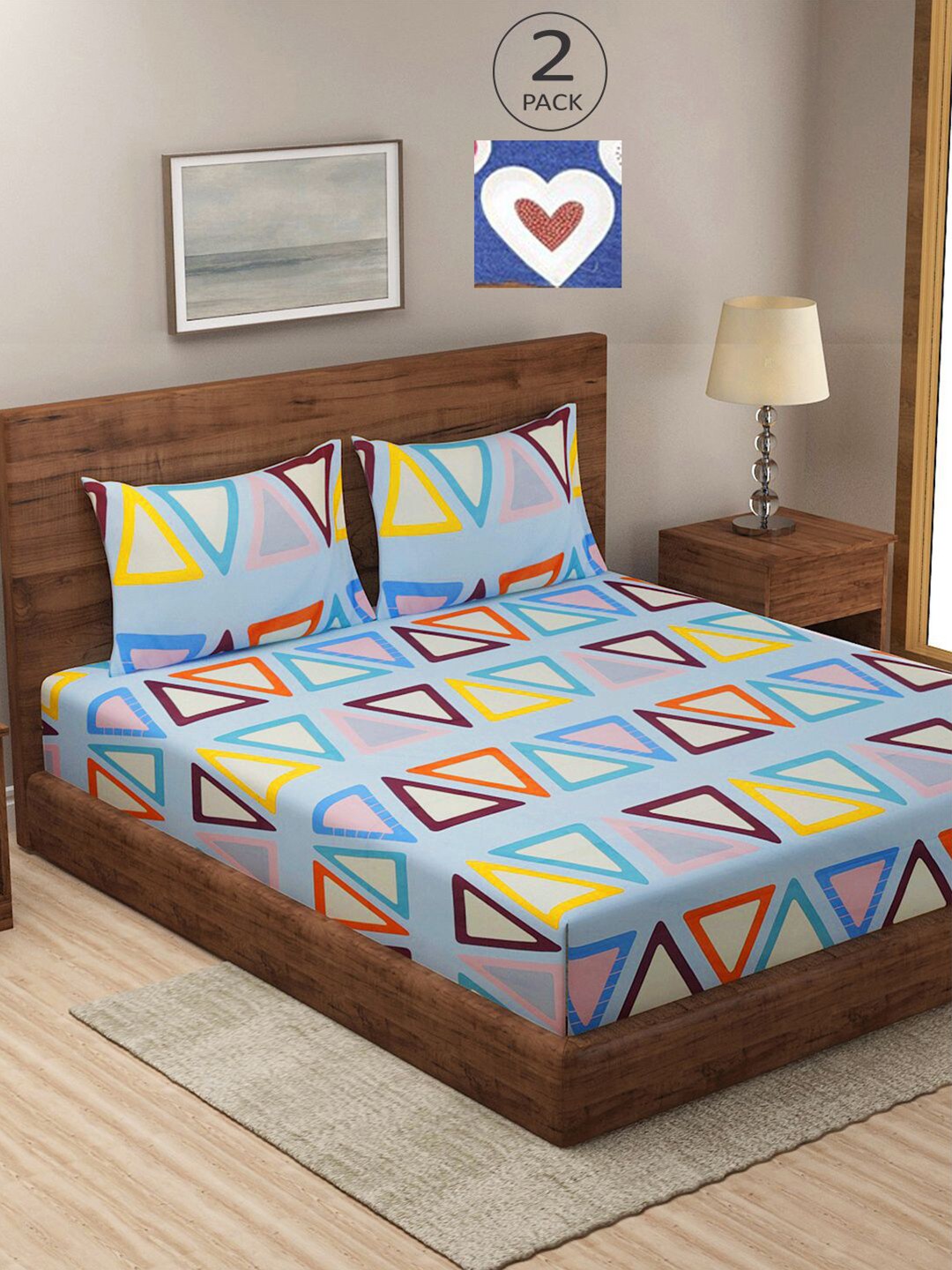 

KLOTTHE Blue & Yellow Geometric 210 TC 2 King Bedsheet with 4 Pillow Covers
