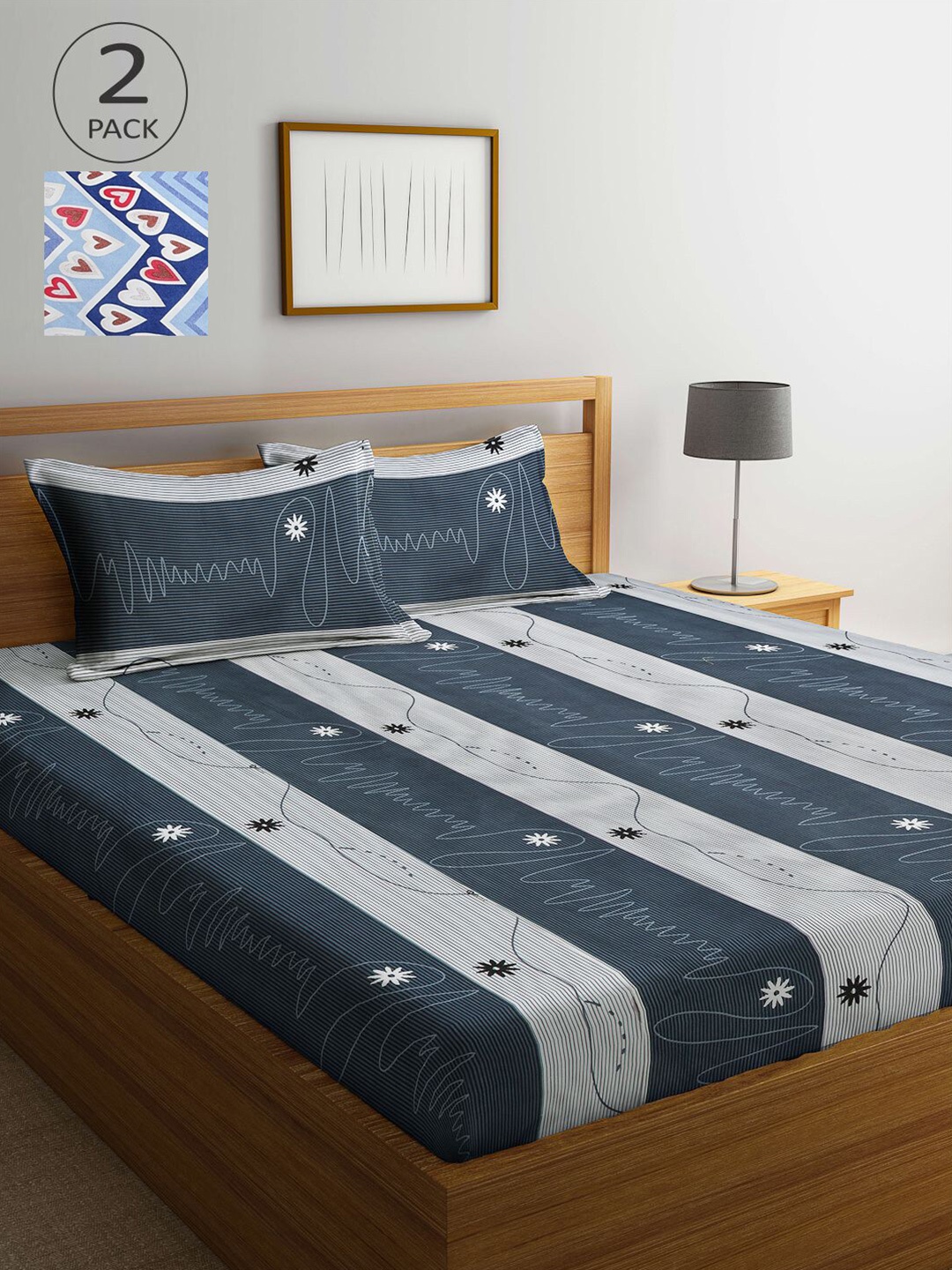 

Grey & Blue Striped 300 TC 2 King Bedsheet with 4 Pillow Covers
