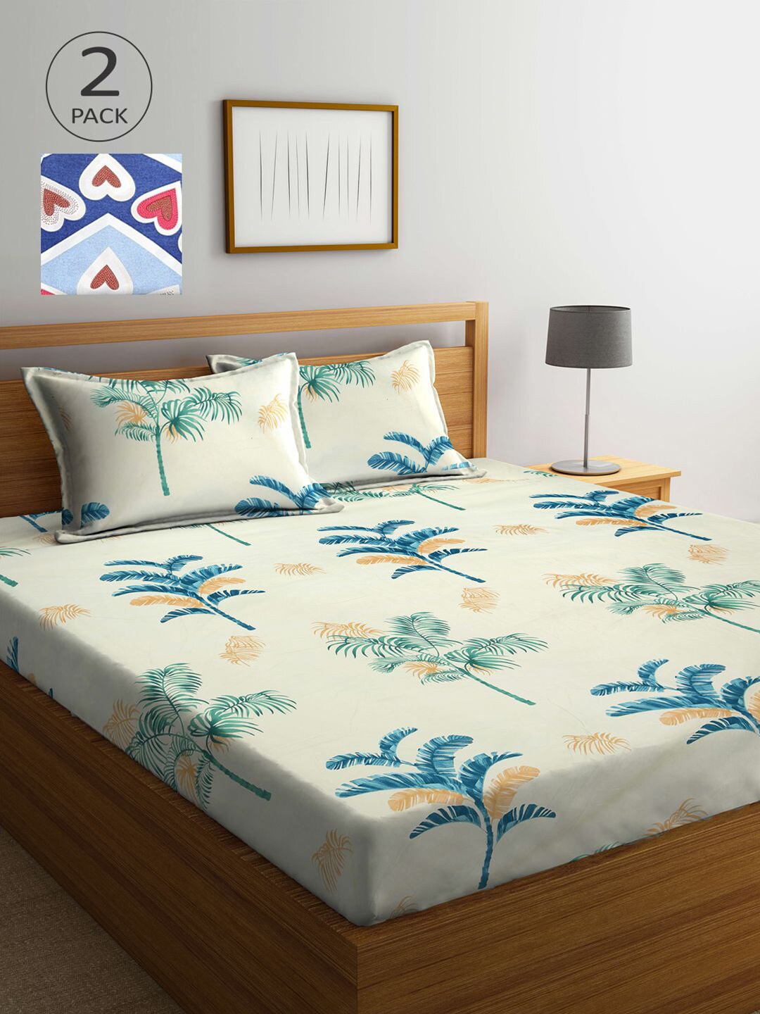 

KLOTTHE White & Blue Floral 210 TC 2 King Bedsheet with 4 Pillow Covers