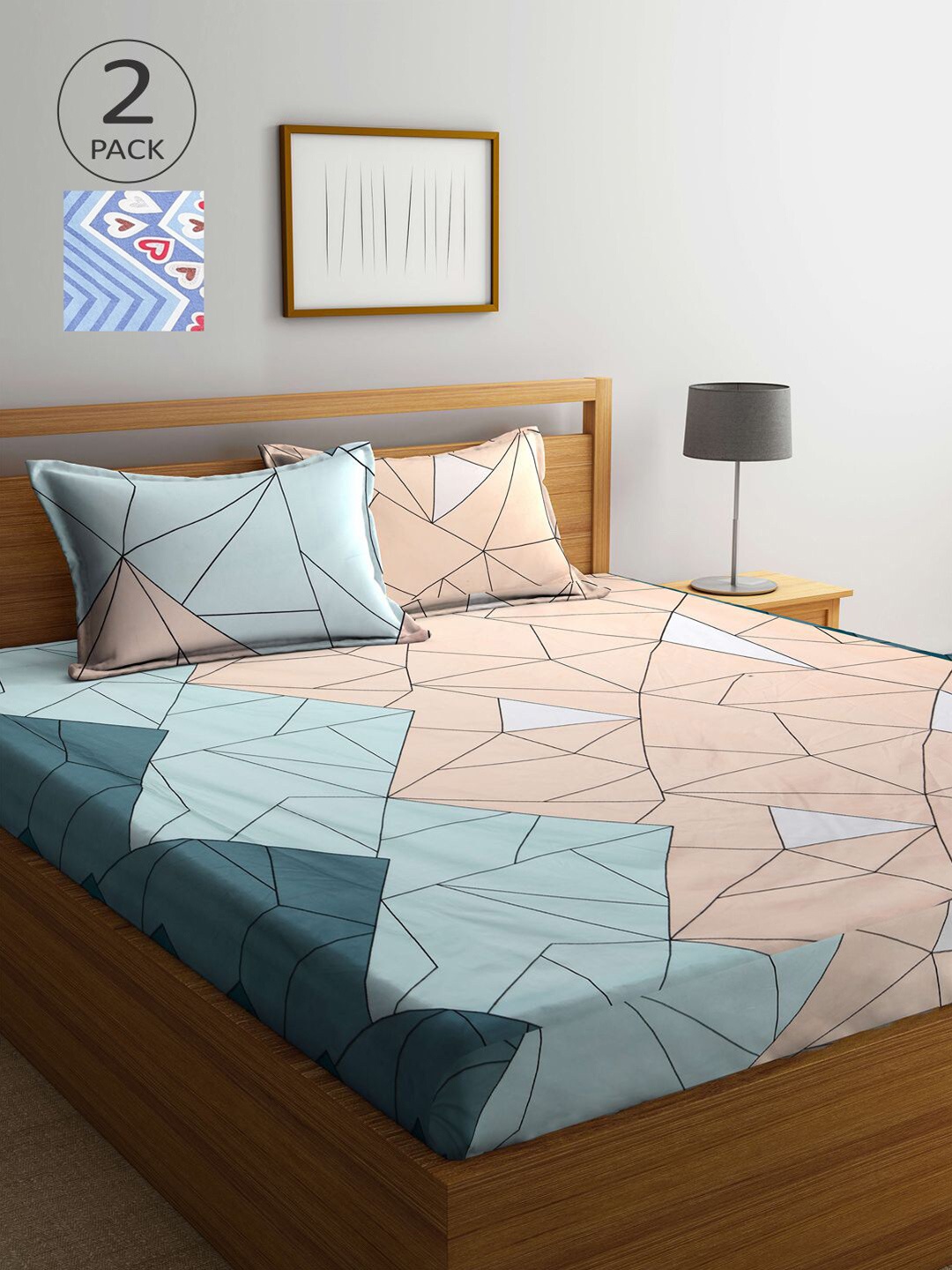 

KLOTTHE Blue & Peach-Coloured Geometric 300 TC 2 King Bedsheets with 4 Pillow Covers