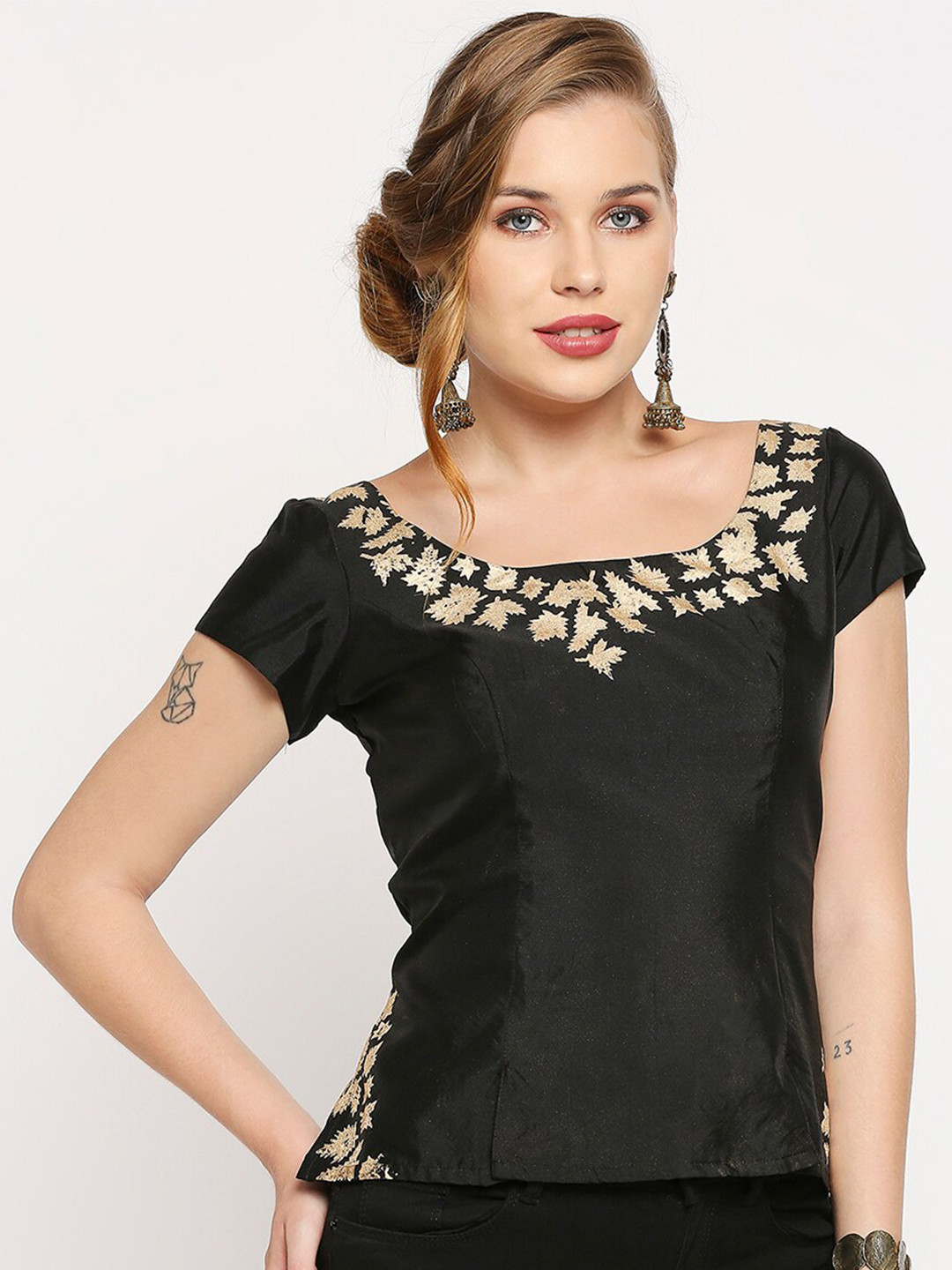 

Ira Soleil Black Floral Gold Block Printed Satin Regular Top