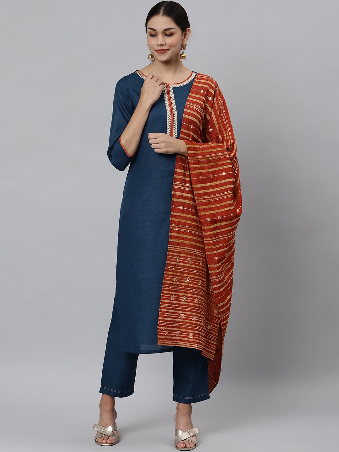 

Os Women Teal Yoke Design Regular Gotta Patti Kurta with Trousers & Dupatta