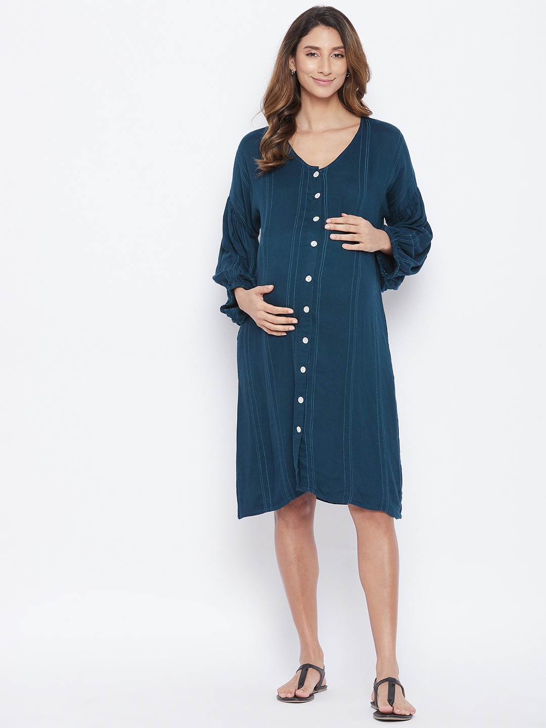 

The Kaftan Company Women Navy Blue Striped Cotton Maternity Shirt Dress