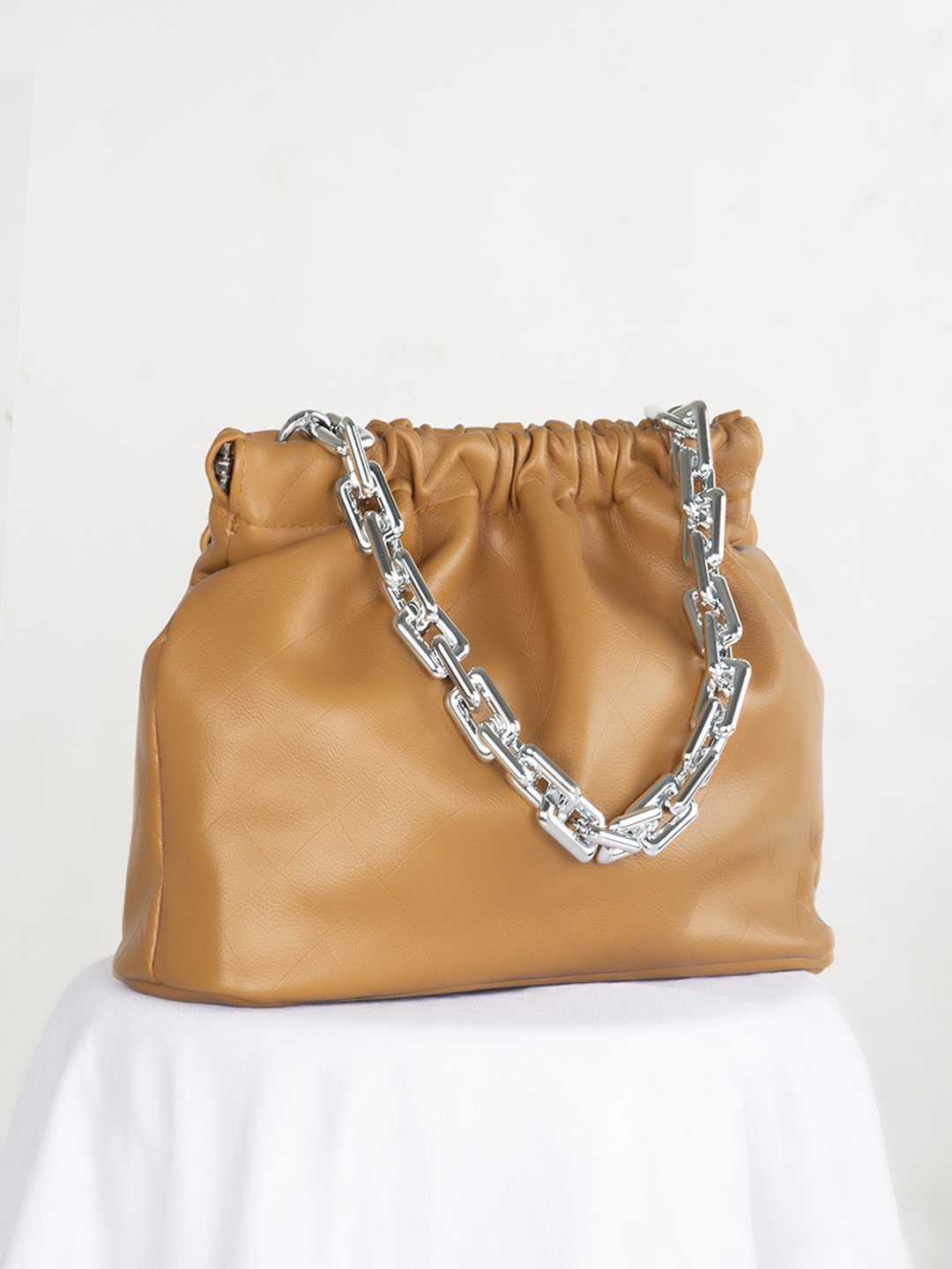 

Kazo Tan PU Oversized Bucket Hobo Bag with Cut Work