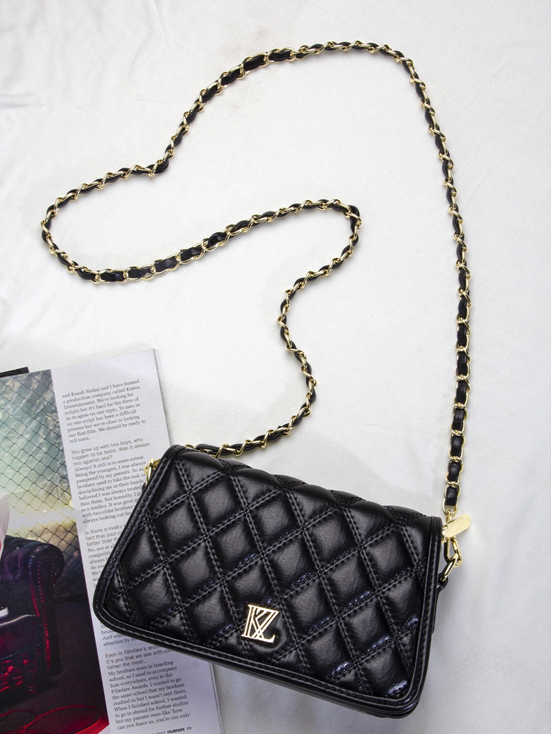 

Kazo Black Textured PU Structured Sling Bag with Quilted