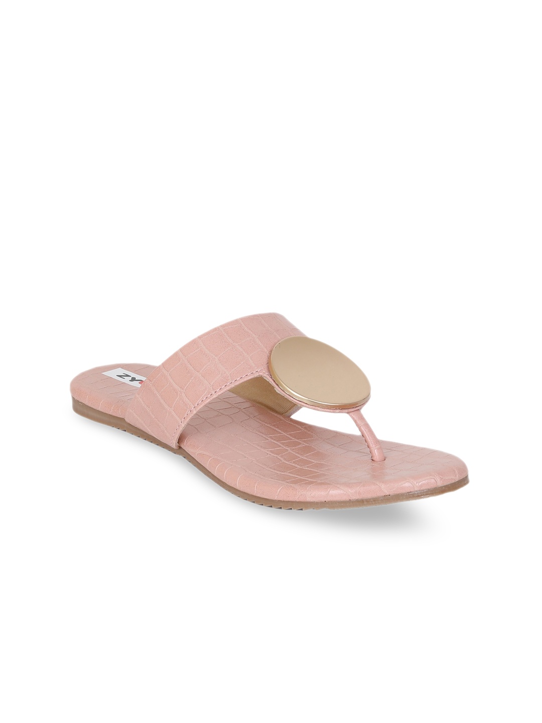 

Zyla Women Peach-Coloured & Gold-Toned Textured T-Strap Flats