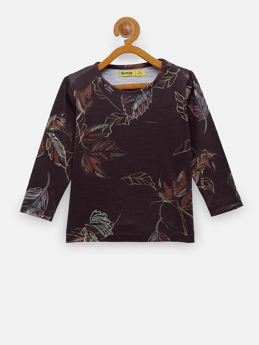 

NYNSH Girls Brown Floral Printed Pure Cotton T-shirt